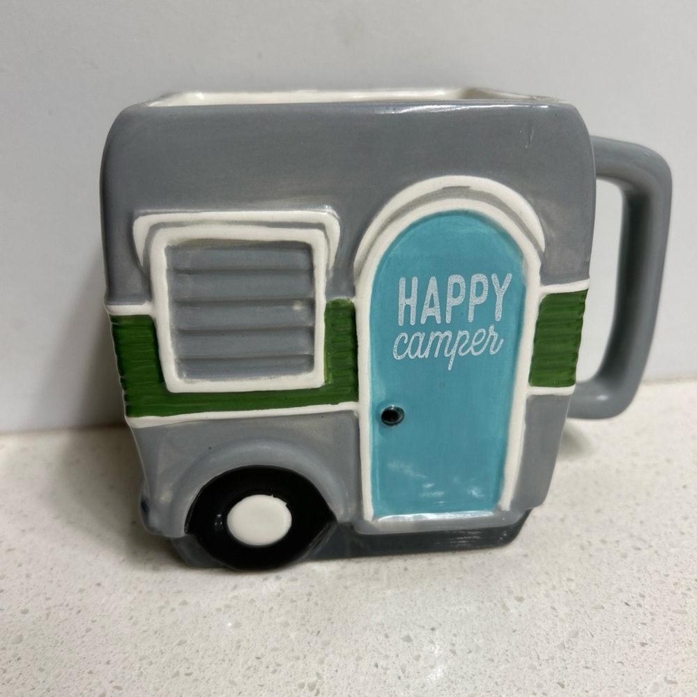 Happy Camper Gray and Blue Mug Planter